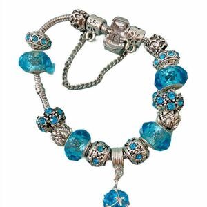 Morenitor Blue Charm Beaded Bracelet Sterling Silv